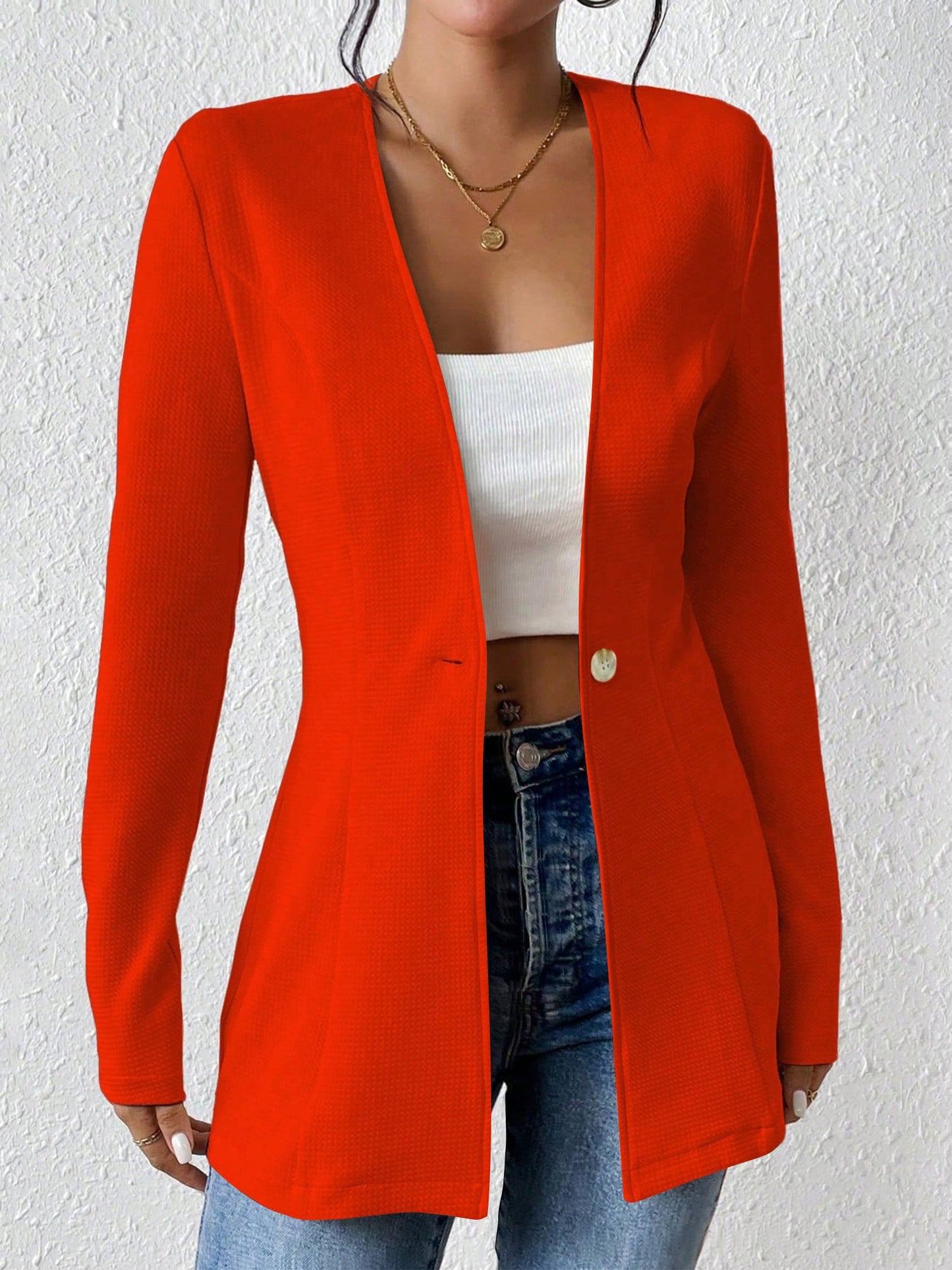 Single Button Solid Color Long Sleeve Jacket