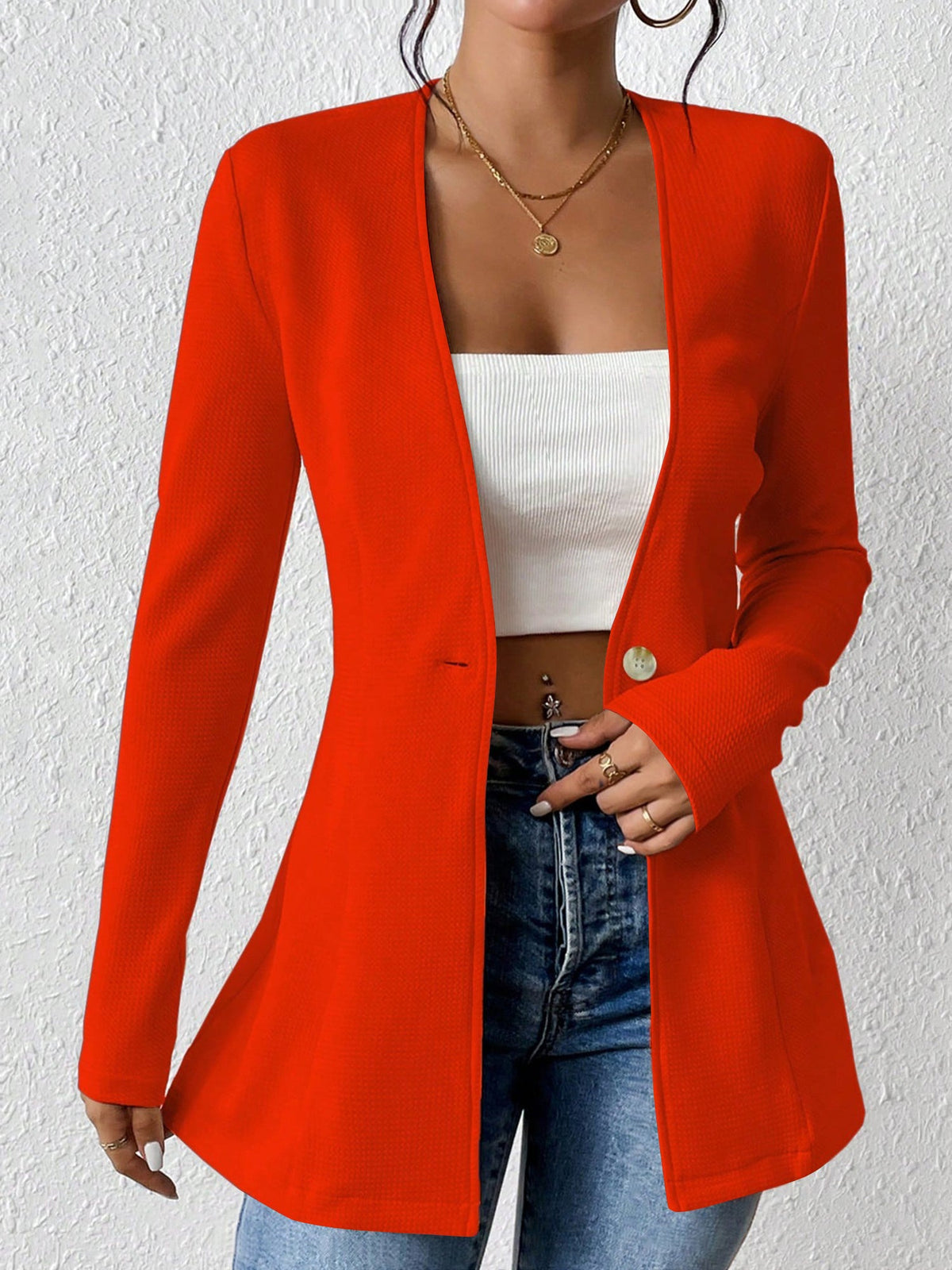 Single Button Solid Color Long Sleeve Jacket