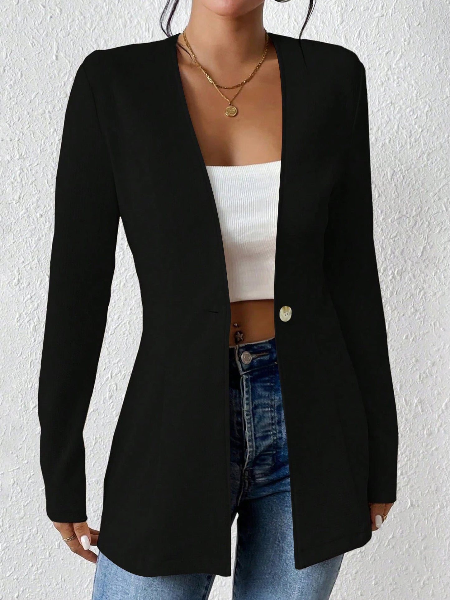 Single Button Solid Color Long Sleeve Jacket