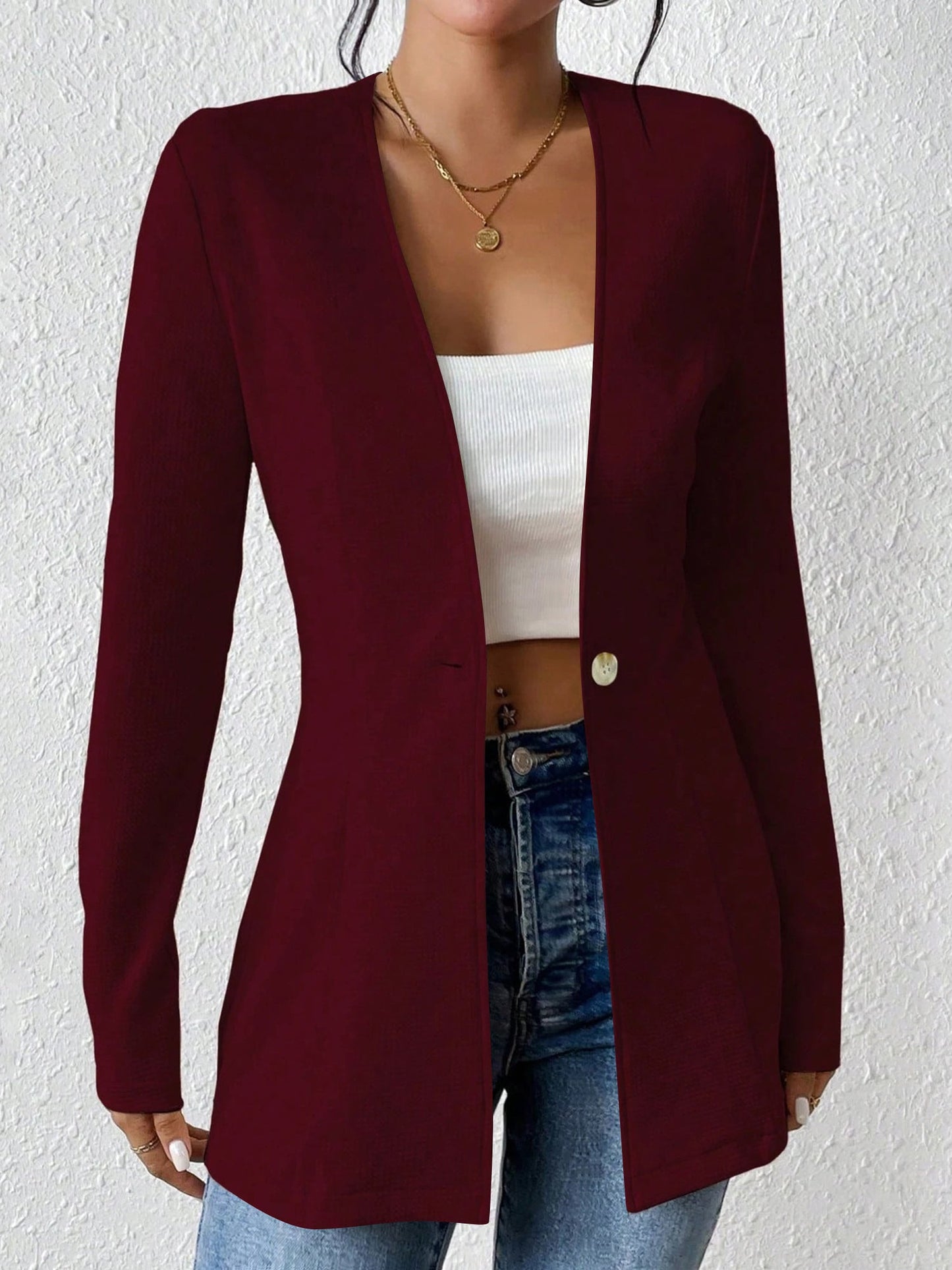 Single Button Solid Color Long Sleeve Jacket