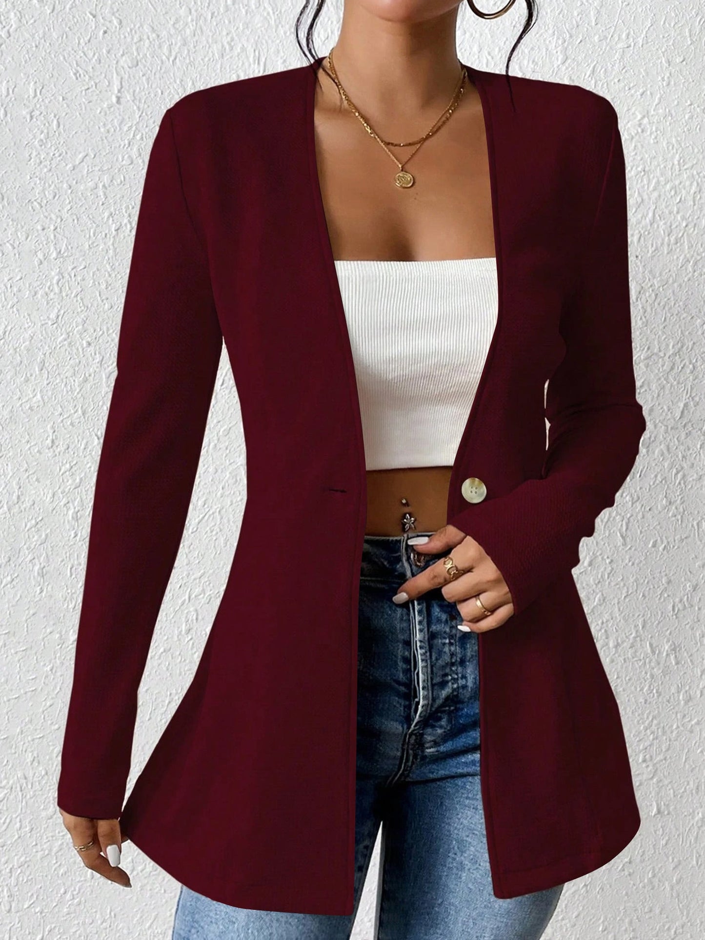 Single Button Solid Color Long Sleeve Jacket