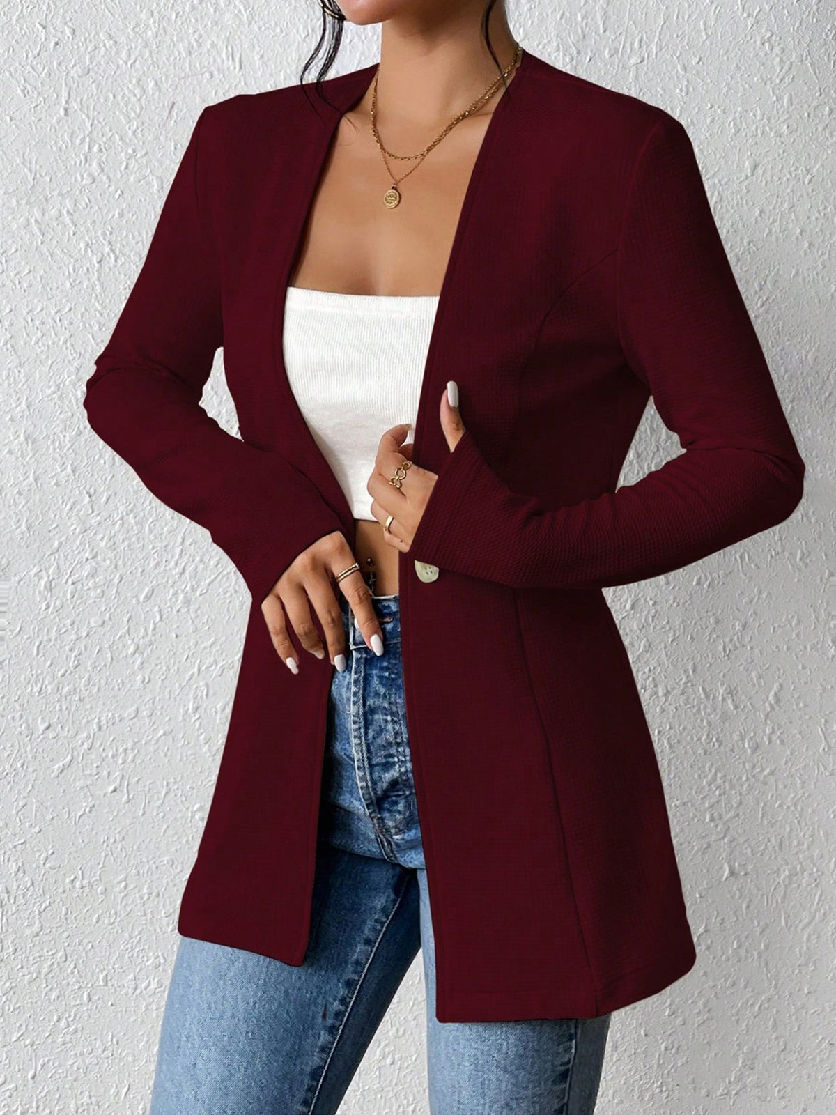 Single Button Solid Color Long Sleeve Jacket