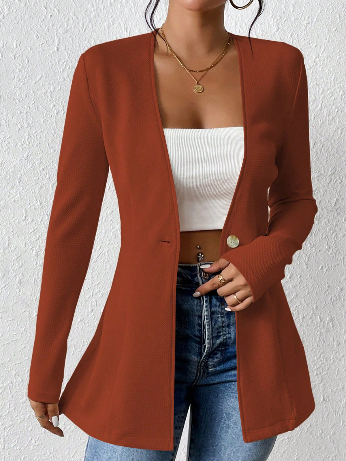 Single Button Solid Color Long Sleeve Jacket
