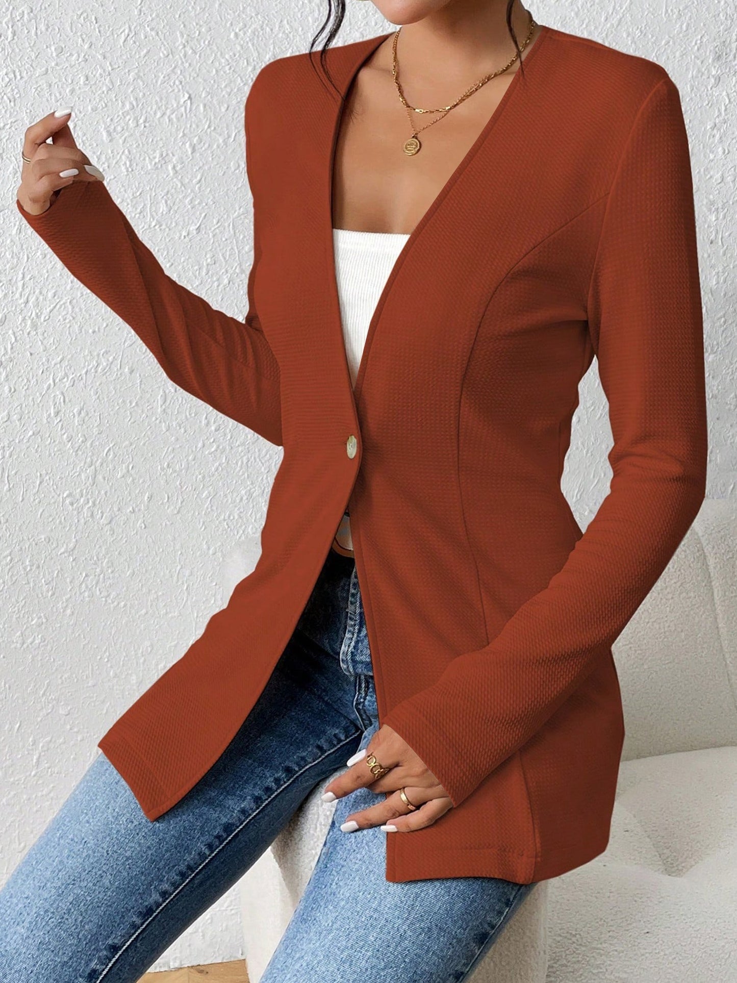 Single Button Solid Color Long Sleeve Jacket