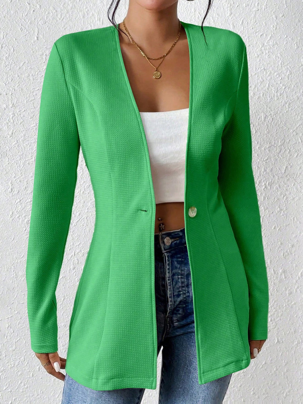 Single Button Solid Color Long Sleeve Jacket