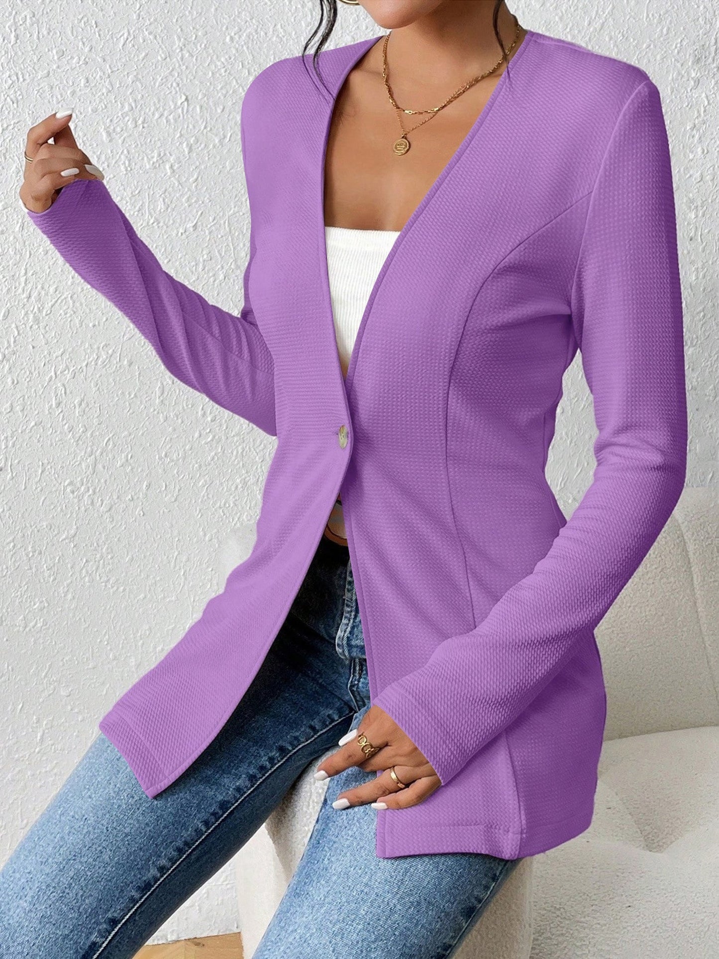 Single Button Solid Color Long Sleeve Jacket