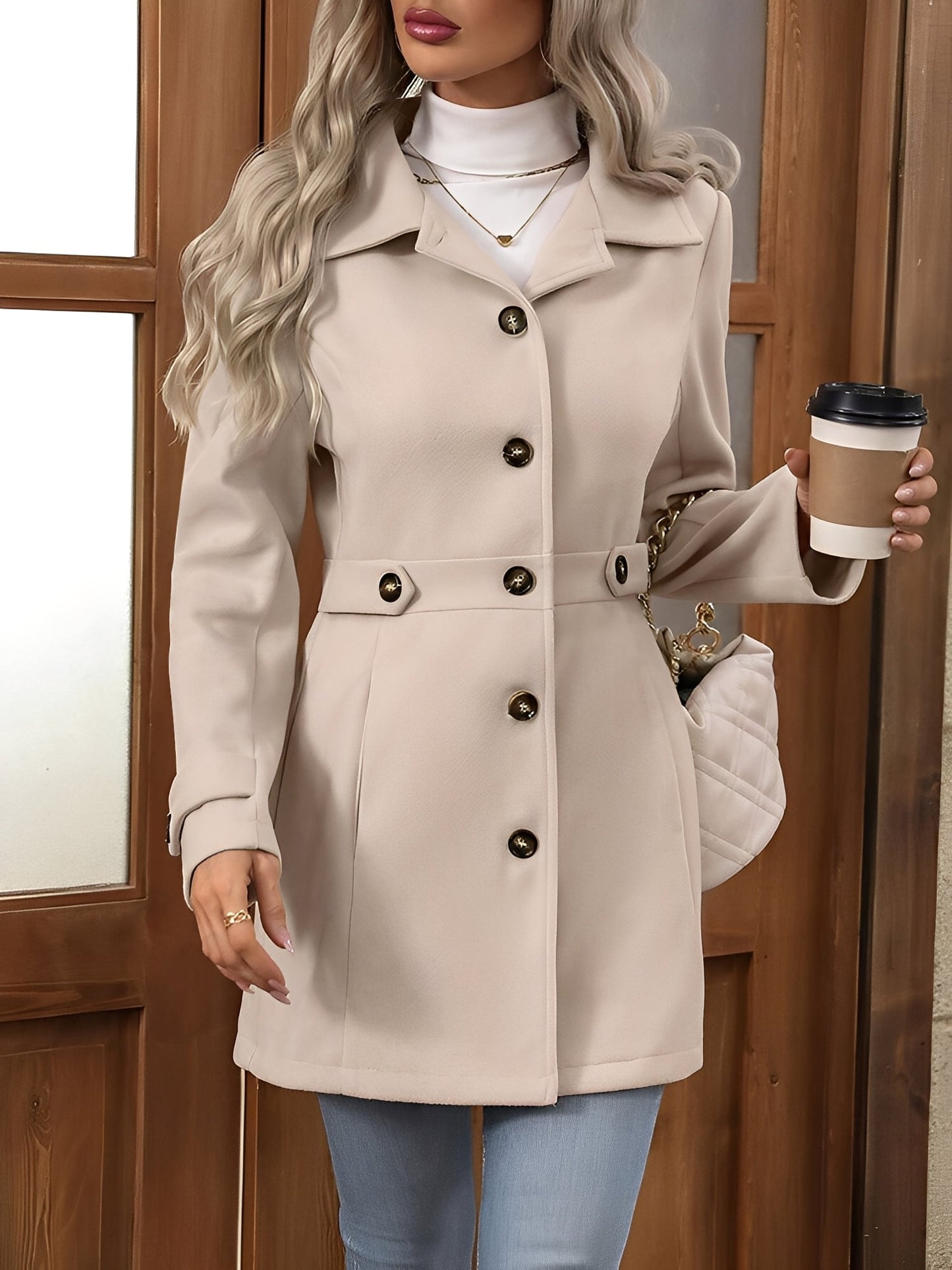 Lapel Long Sleeves Button Down Solid Color Coat