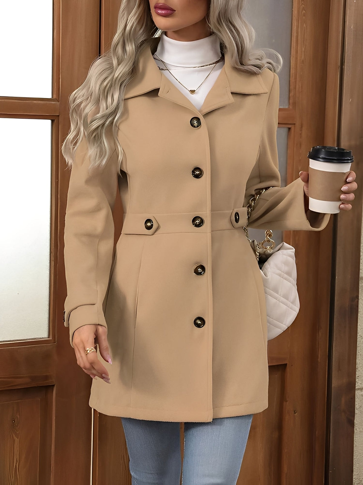 Lapel Long Sleeves Button Down Solid Color Coat