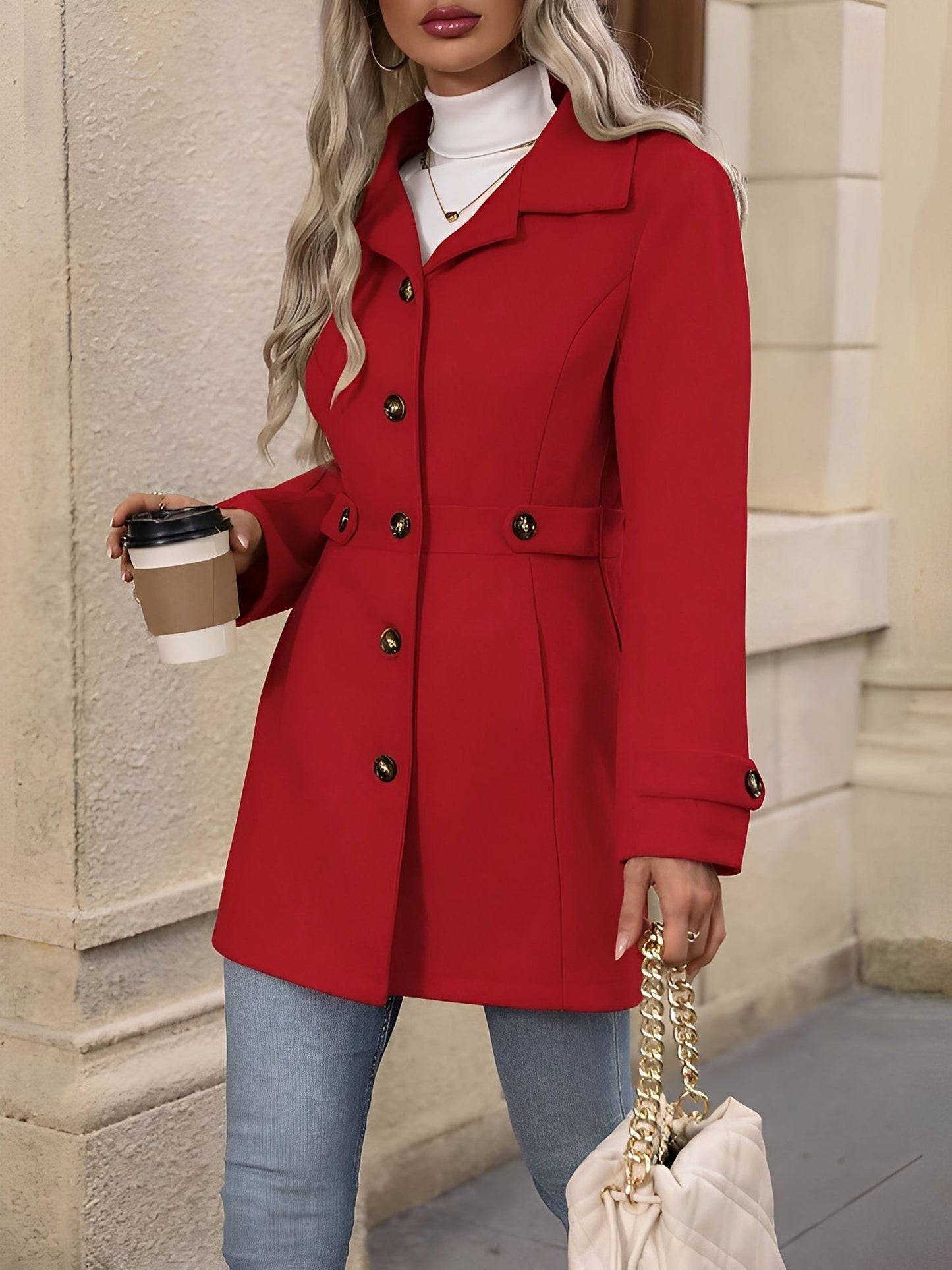 Lapel Long Sleeves Button Down Solid Color Coat
