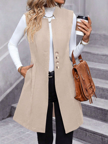 Solid Color Sleeveless Pockets Mid-Length Vest