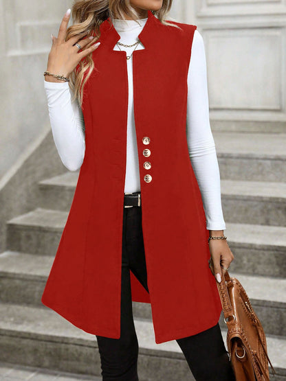 Solid Color Sleeveless Pockets Mid-Length Vest