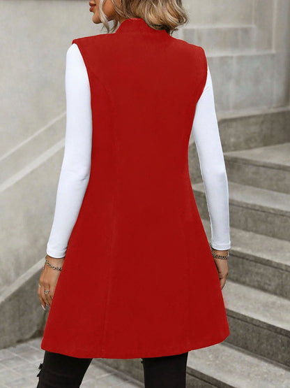 Solid Color Sleeveless Pockets Mid-Length Vest