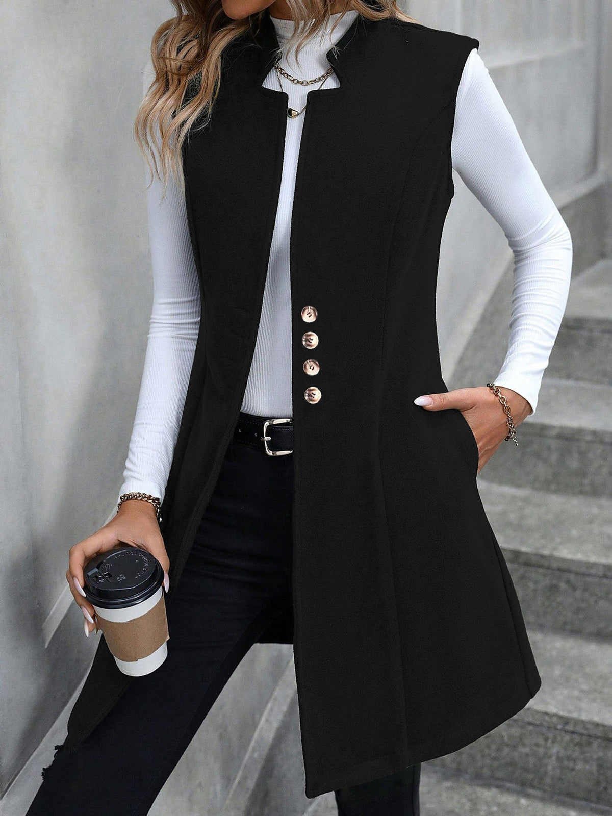 Solid Color Sleeveless Pockets Mid-Length Vest