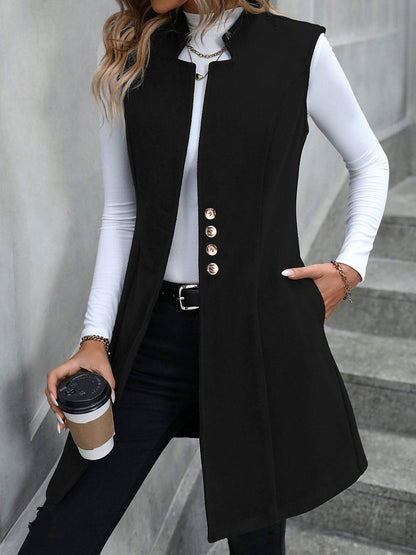 Solid Color Sleeveless Pockets Mid-Length Vest