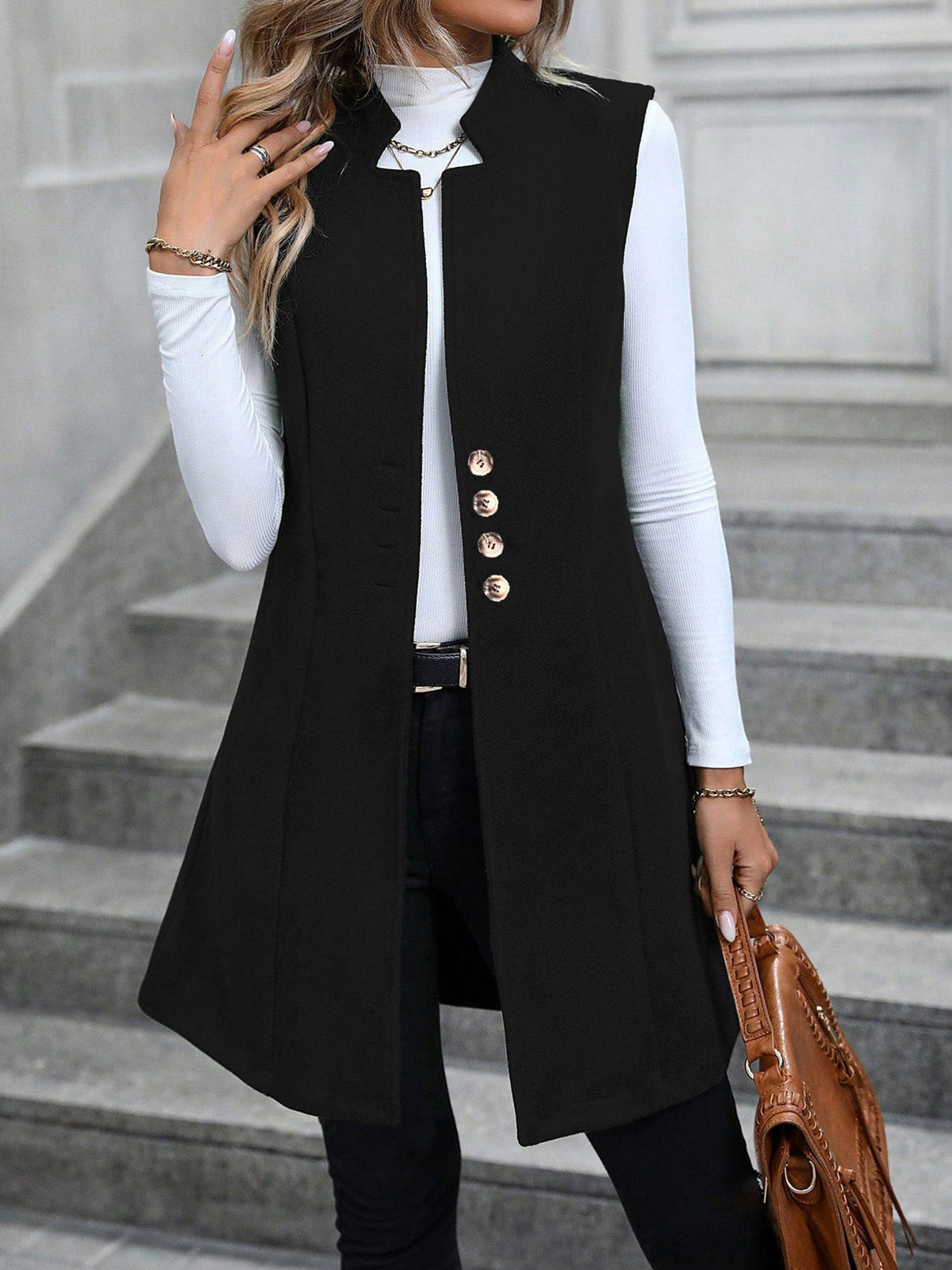 Solid Color Sleeveless Pockets Mid-Length Vest