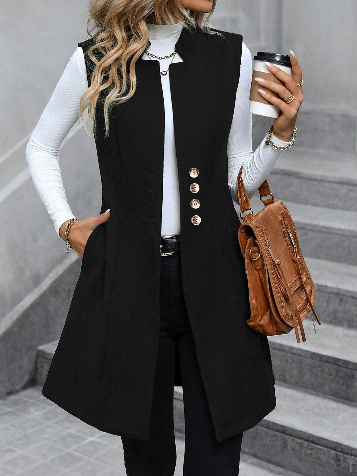 Solid Color Sleeveless Pockets Mid-Length Vest