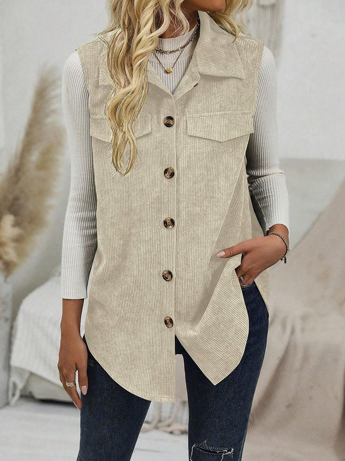 Solid Color Sleeveless Button Down Corduroy Vest