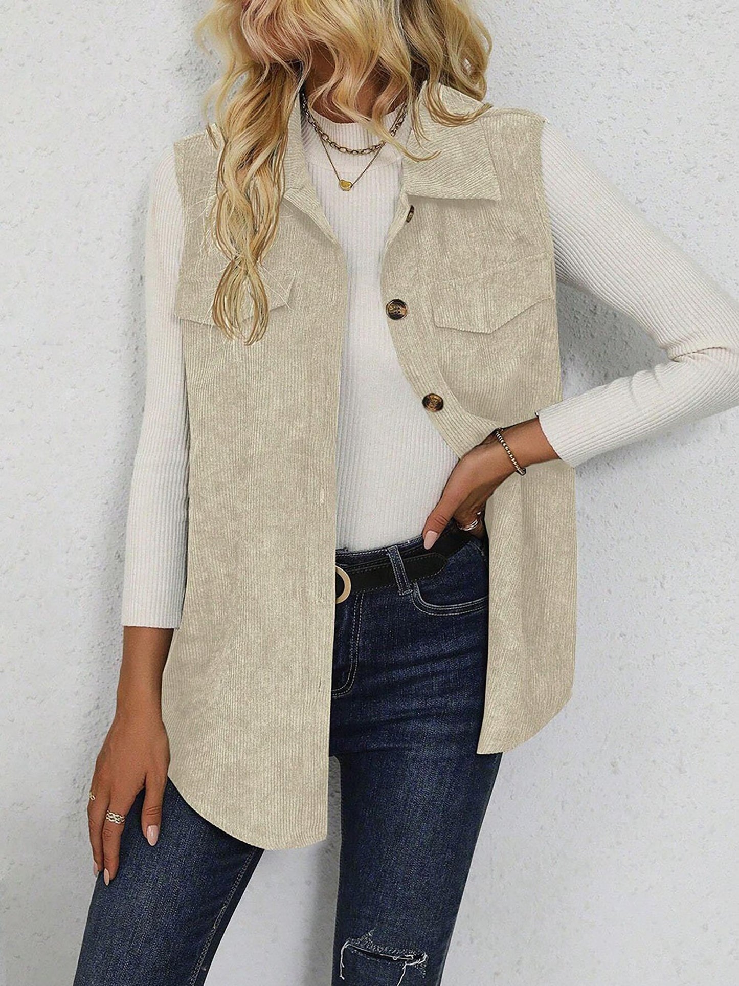 Solid Color Sleeveless Button Down Corduroy Vest