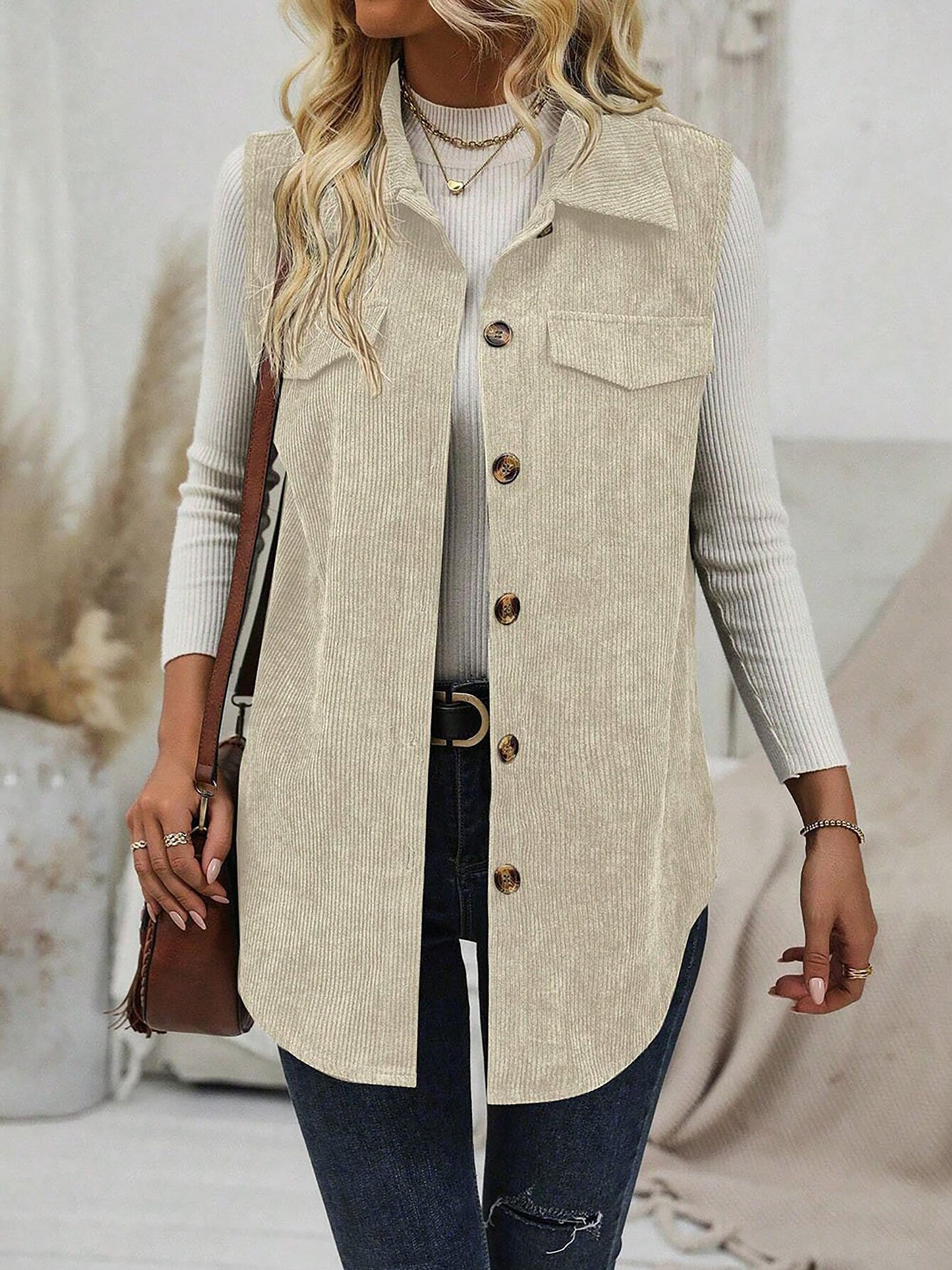 Solid Color Sleeveless Button Down Corduroy Vest