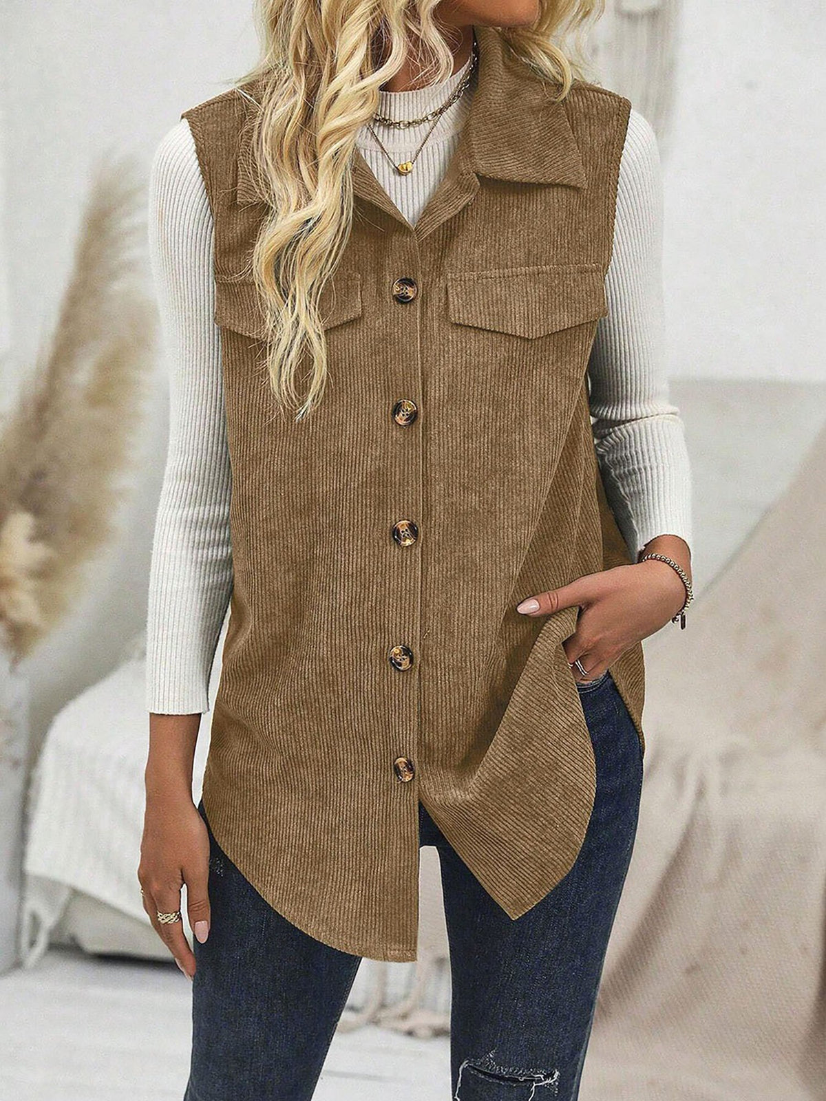 Solid Color Sleeveless Button Down Corduroy Vest