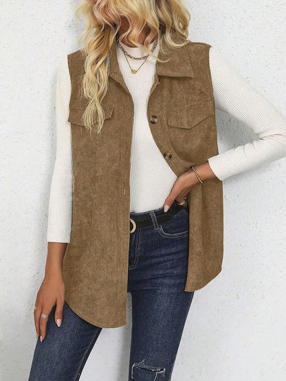 Solid Color Sleeveless Button Down Corduroy Vest