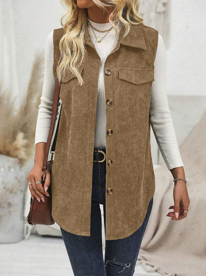 Solid Color Sleeveless Button Down Corduroy Vest