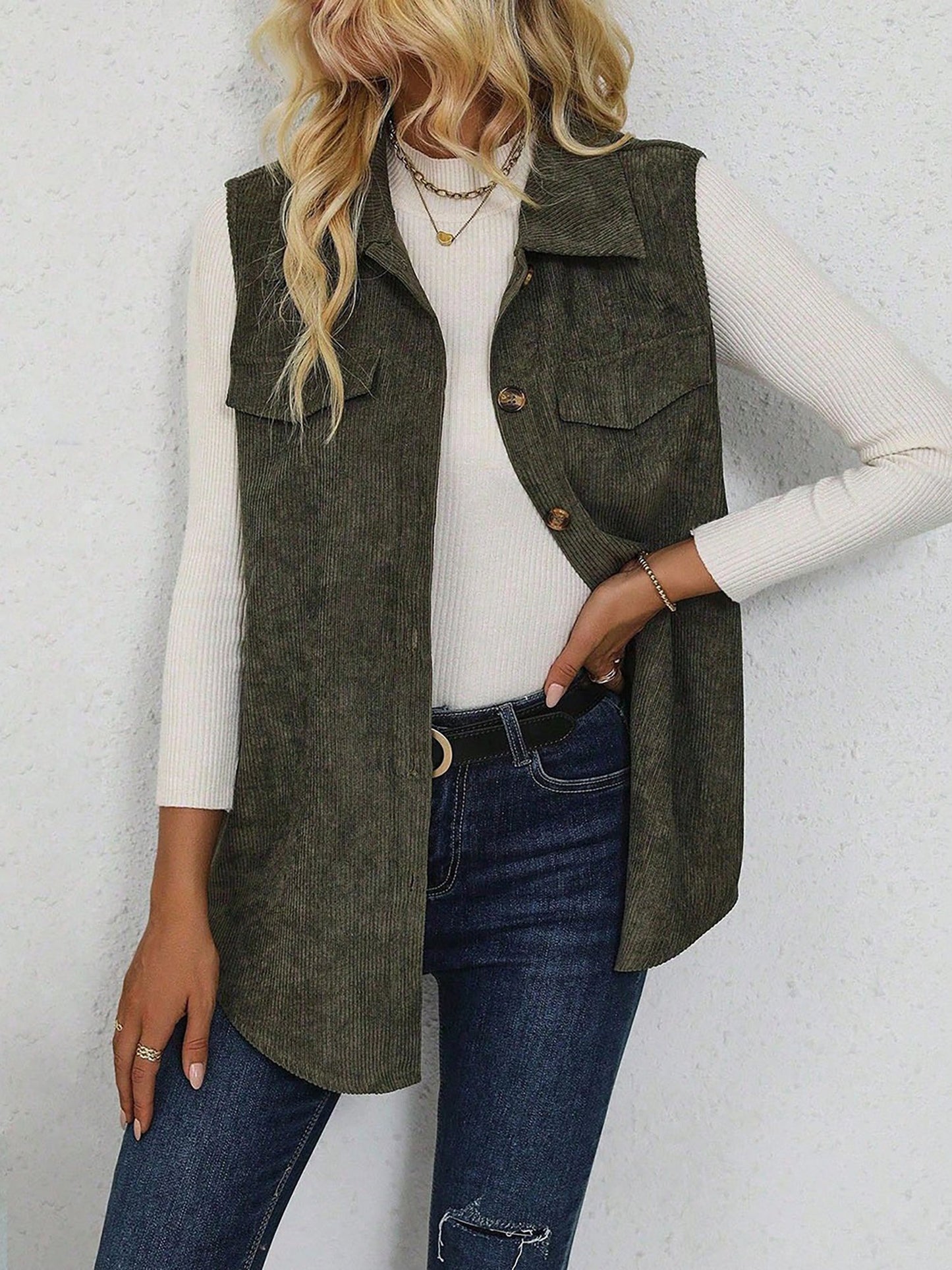 Solid Color Sleeveless Button Down Corduroy Vest