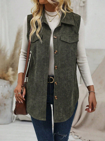 Solid Color Sleeveless Button Down Corduroy Vest