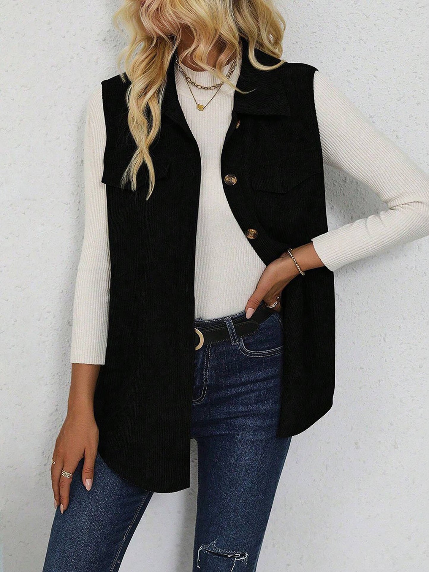 Solid Color Sleeveless Button Down Corduroy Vest