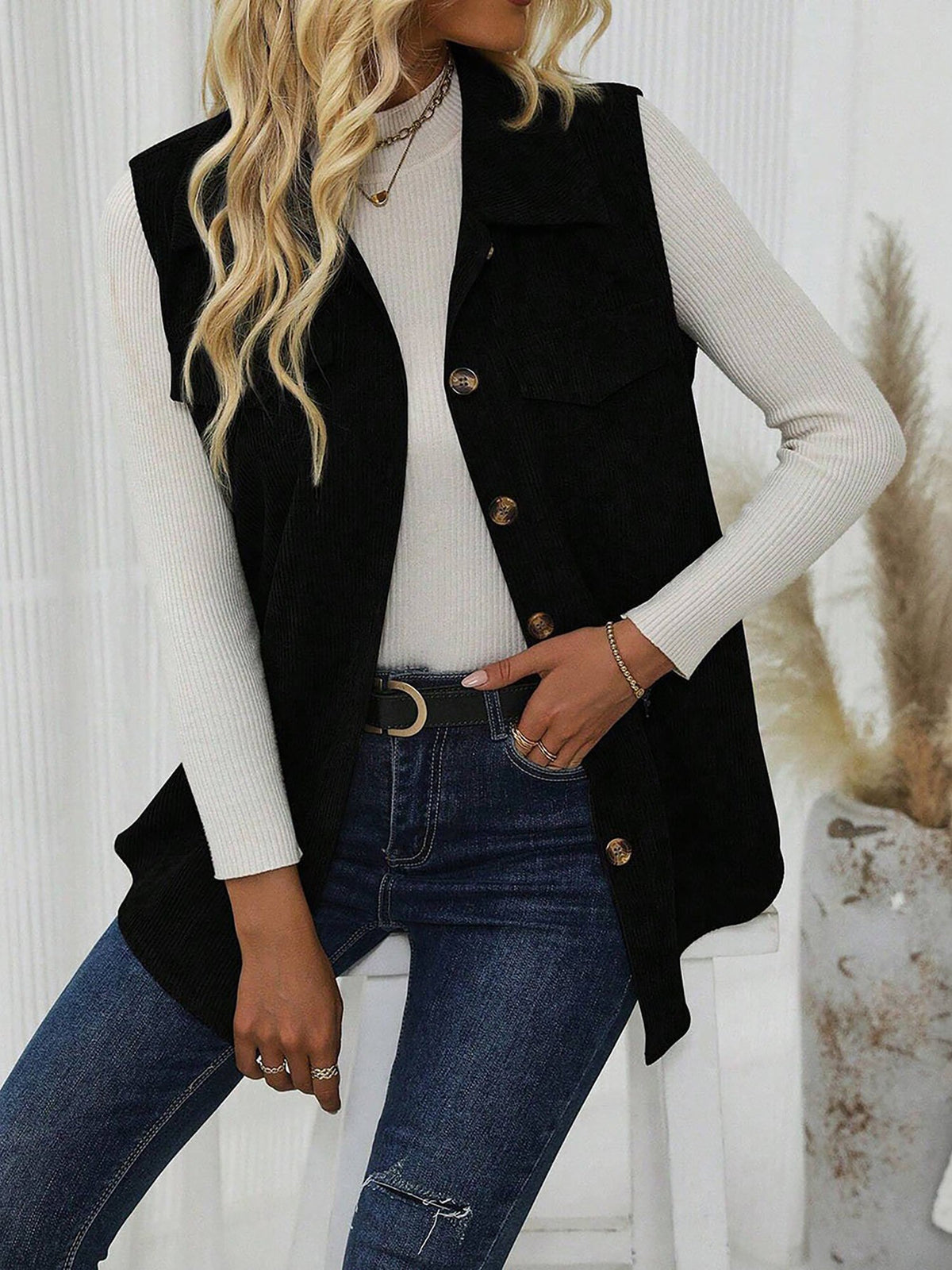 Solid Color Sleeveless Button Down Corduroy Vest