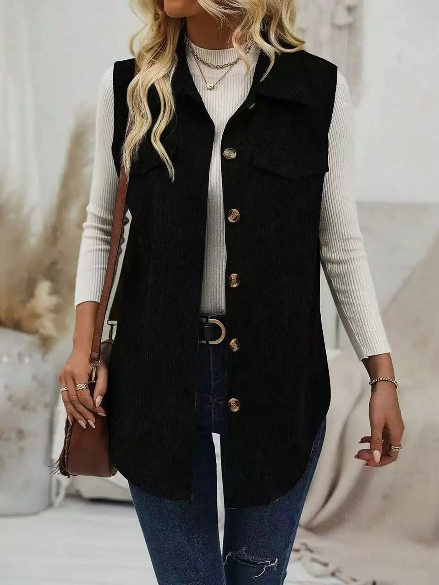 Solid Color Sleeveless Button Down Corduroy Vest