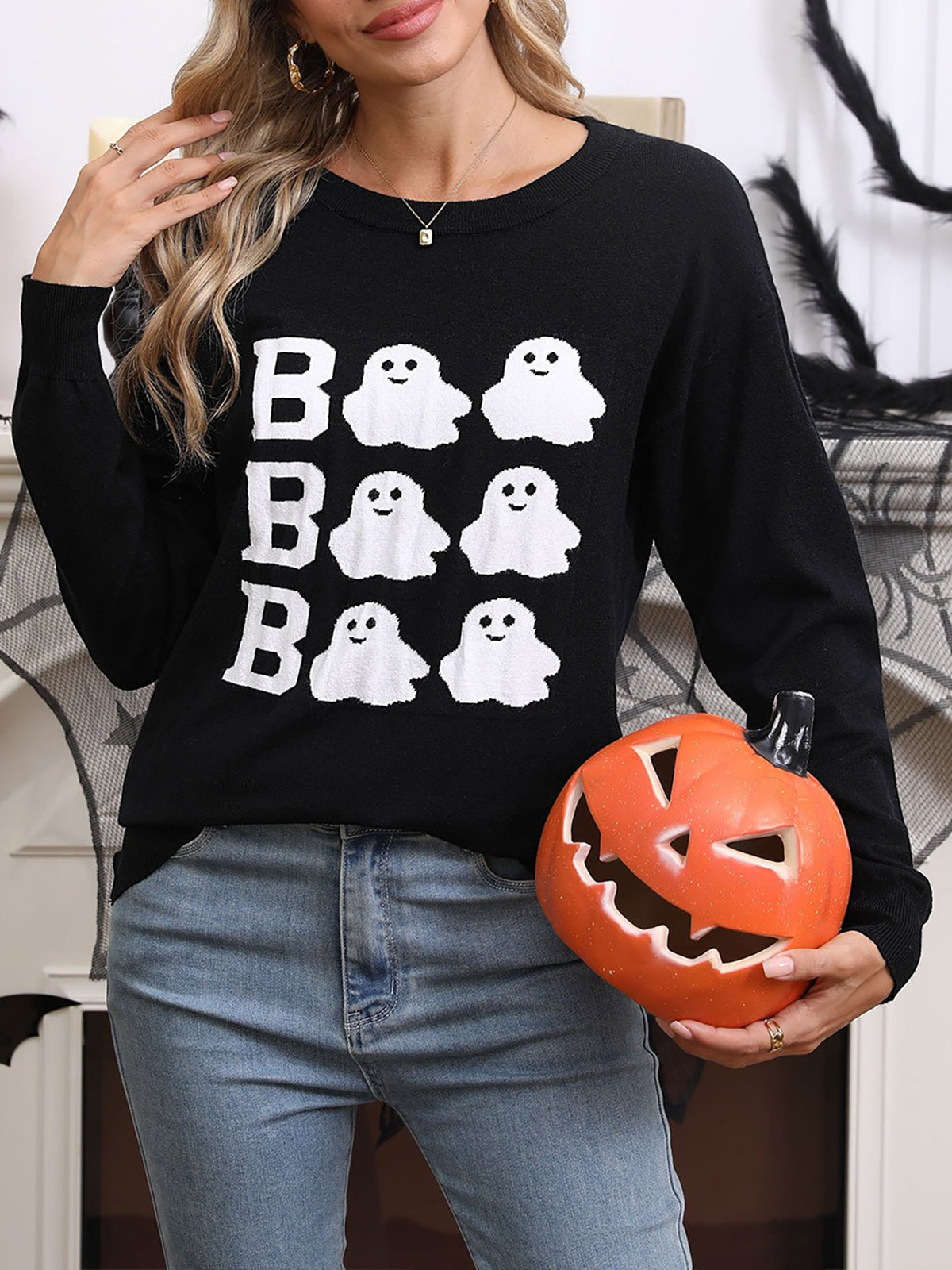 Halloween Ghost Crew Neck Long Sleeve Sweater