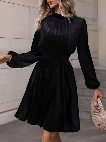 Velvet Smocked Neck Puff Long Sleeves A-Line Dress