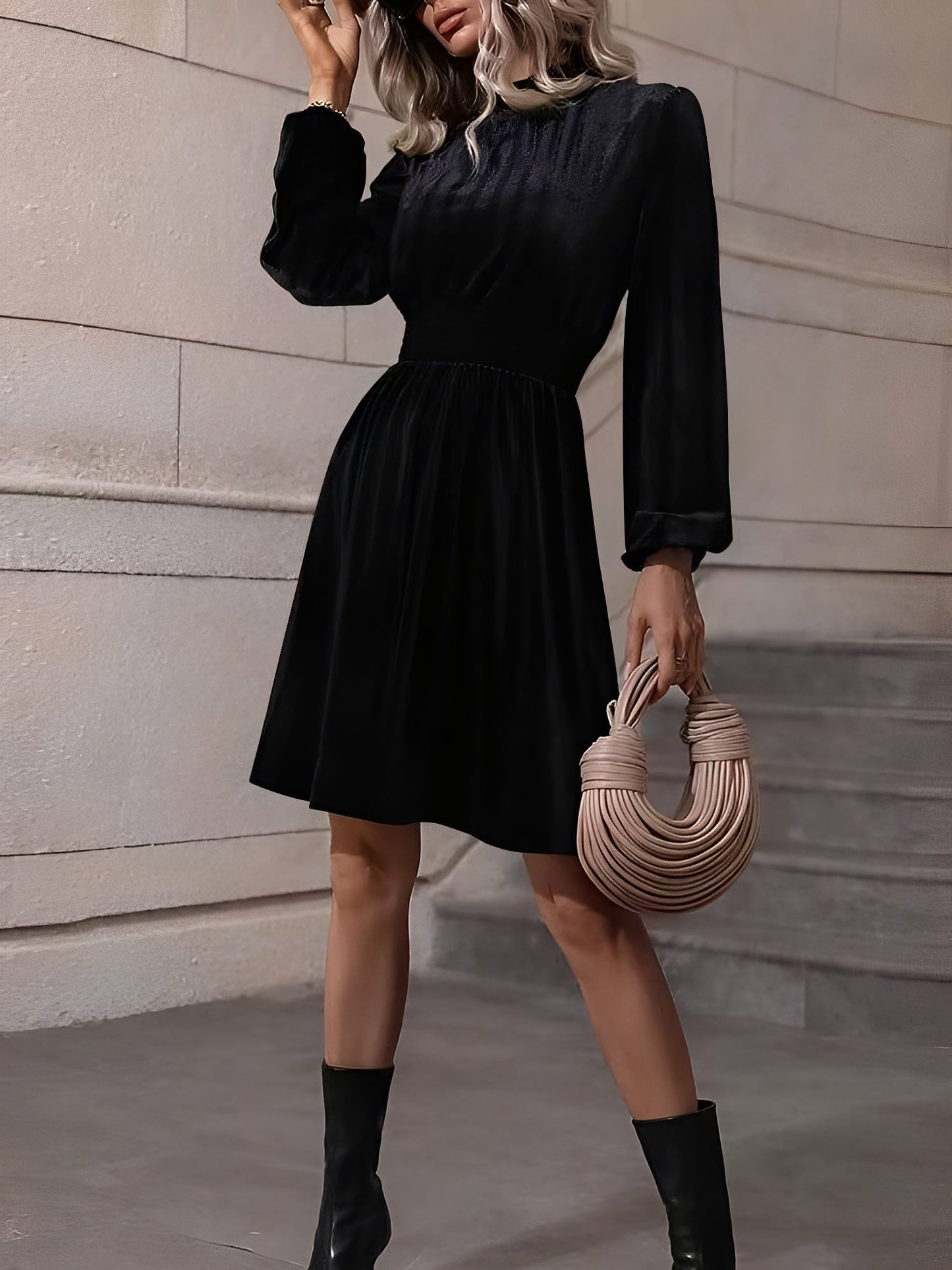Velvet Smocked Neck Puff Long Sleeves A-Line Dress