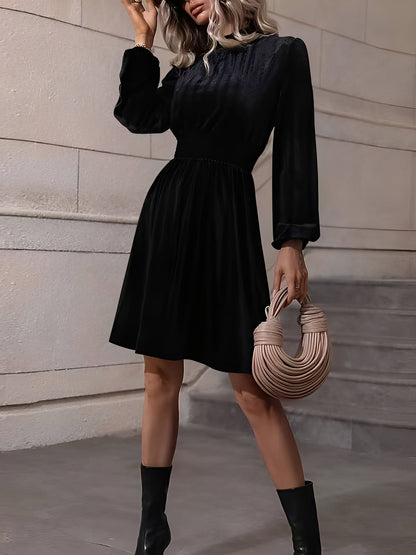 Velvet Smocked Neck Puff Long Sleeves A-Line Dress