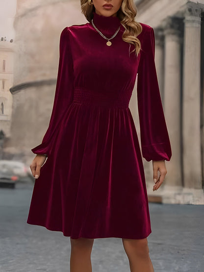 Velvet Smocked Neck Puff Long Sleeves A-Line Dress