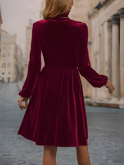 Velvet Smocked Neck Puff Long Sleeves A-Line Dress