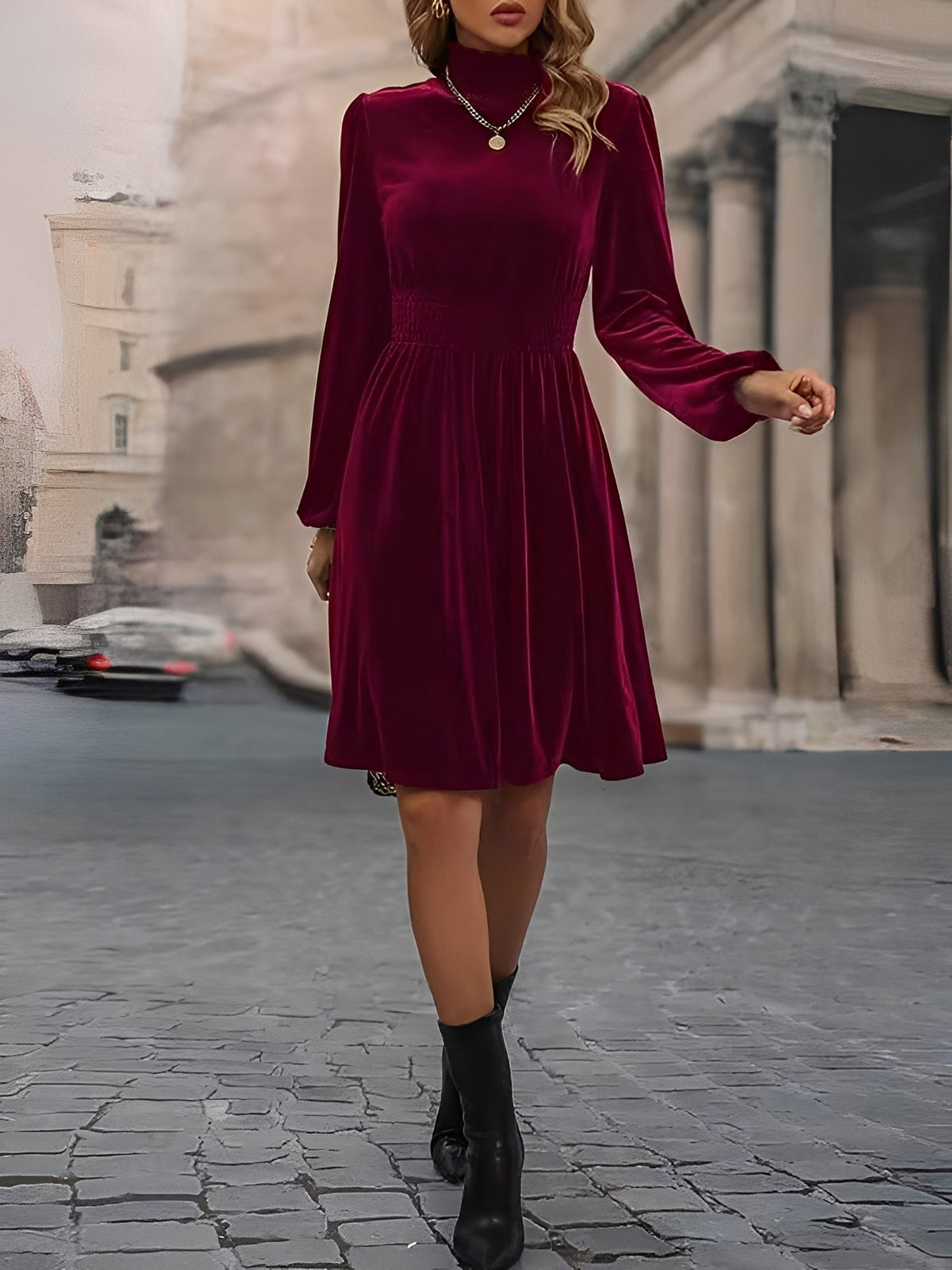 Velvet Smocked Neck Puff Long Sleeves A-Line Dress