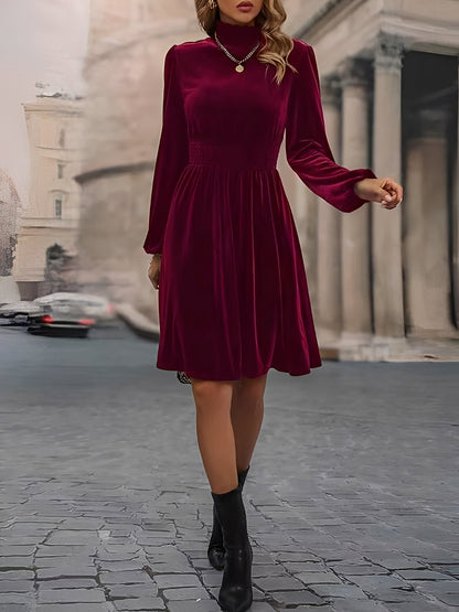 Velvet Smocked Neck Puff Long Sleeves A-Line Dress