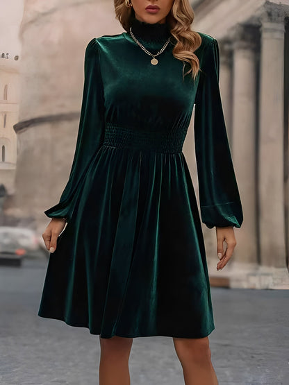 Velvet Smocked Neck Puff Long Sleeves A-Line Dress