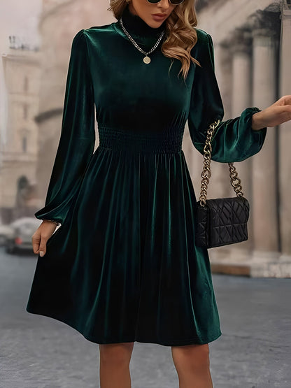 Velvet Smocked Neck Puff Long Sleeves A-Line Dress