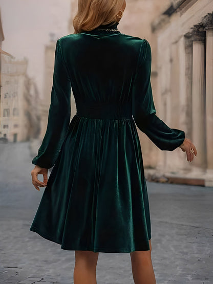Velvet Smocked Neck Puff Long Sleeves A-Line Dress