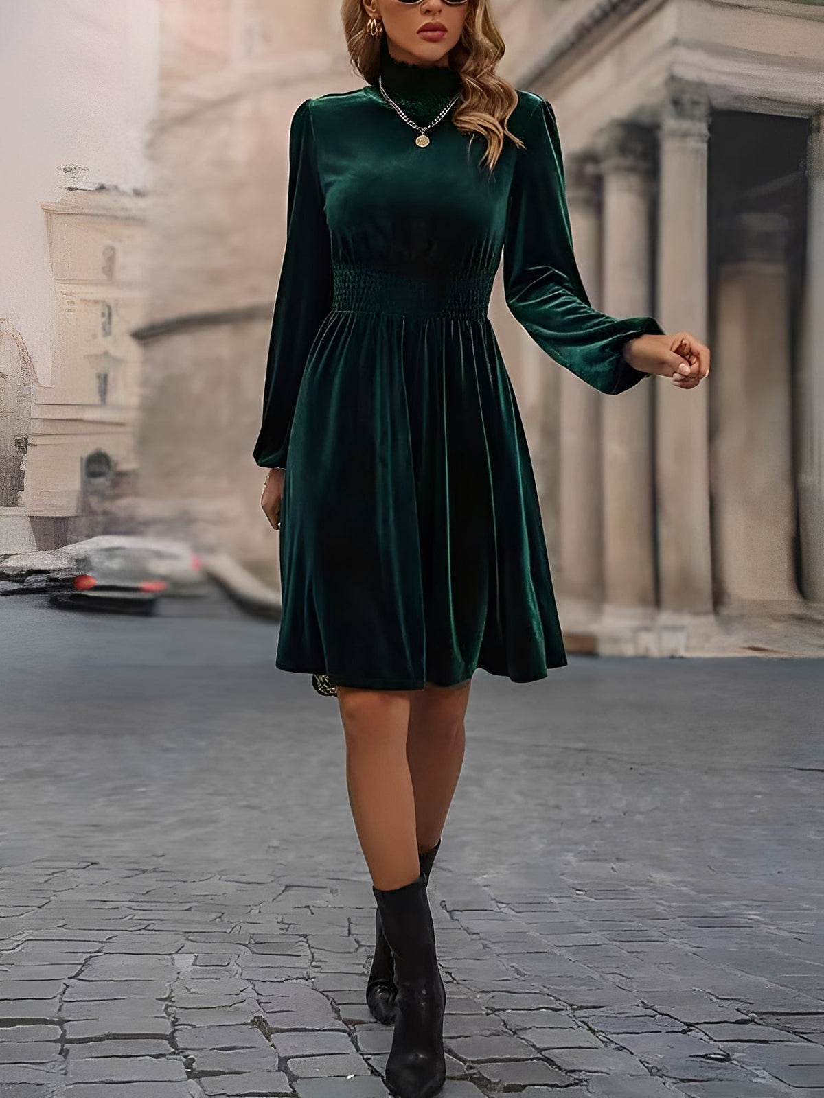 Velvet Smocked Neck Puff Long Sleeves A-Line Dress