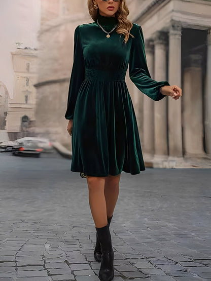 Velvet Smocked Neck Puff Long Sleeves A-Line Dress