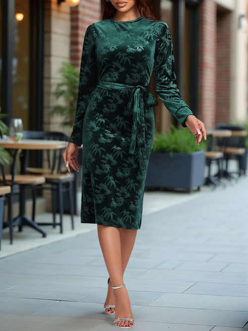 Round Neck Long Sleeves Velvet Midi Dress