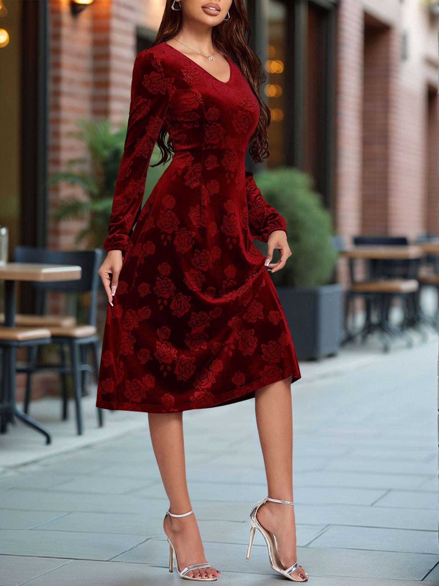 Velvet Embossed V Neck Puff Sleeves A-Line Dress