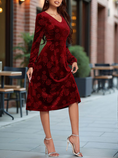 Velvet Embossed V Neck Puff Sleeves A-Line Dress