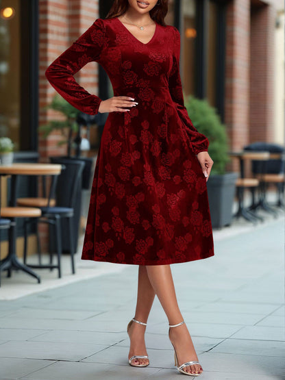 Velvet Embossed V Neck Puff Sleeves A-Line Dress