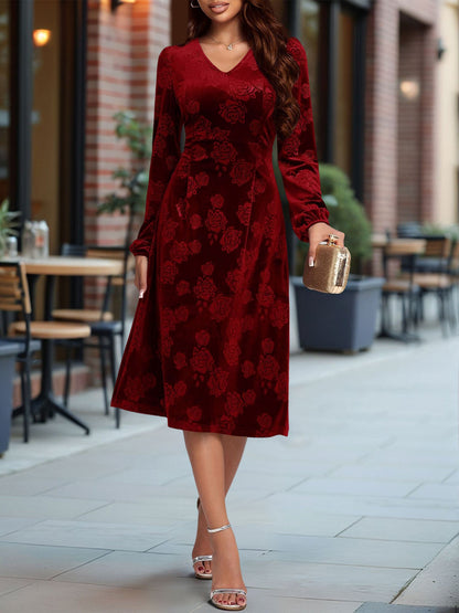 Velvet Embossed V Neck Puff Sleeves A-Line Dress