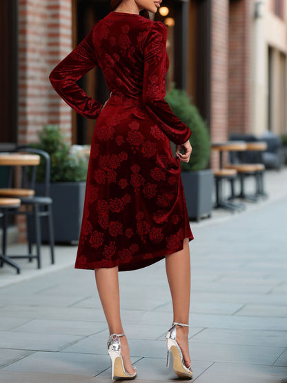 Velvet Embossed V Neck Puff Sleeves A-Line Dress